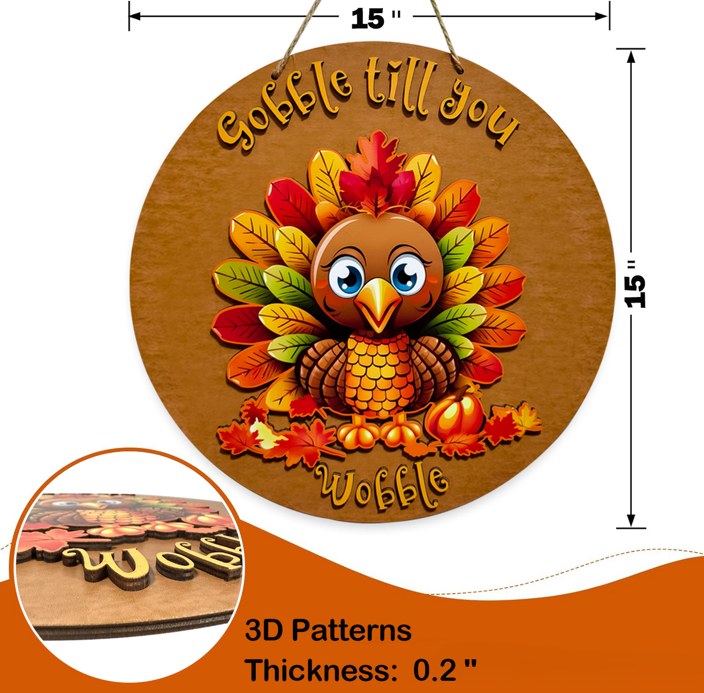 Farship 15 Inch 3D Turkey Fall Welcome Sign Thanksgiving Wooden Door Sign