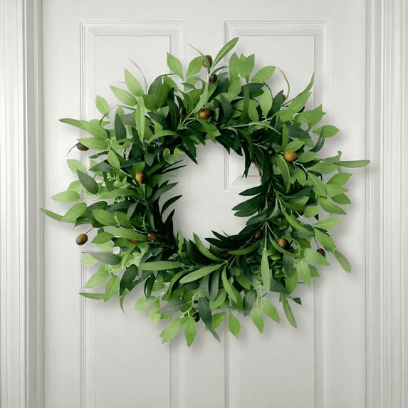 22 Inches Spring Summer Wreaths for Front Door-Artificial Olive Leaf Wreath with Berries Faux Greenery Wreath Farmhouse Rustic Wreath for Wall Window Decor