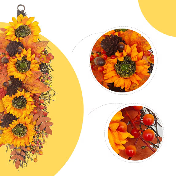 Myecovie Fall Wreath Door Wreath Fall Swag for Thanksgiving Seasonal Wreath for Front Door 22" Length Swag with Maple, Pine and Orange Sunflower