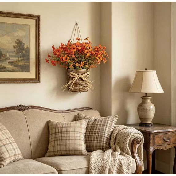 Myecovie Fall Basket Fall Wreath Basket for Front Door, Artificial Fall Hanging Basket with Orange Autumn Flowers & Eucalyptus, Rustic Woven Basket for Front Door Porch Thanksgiving