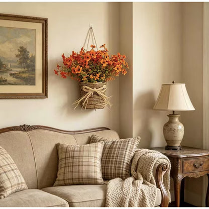 Myecovie Fall Basket Fall Wreath Basket for Front Door, Artificial Fall Hanging Basket with Orange Autumn Flowers & Eucalyptus, Rustic Woven Basket for Front Door Porch Thanksgiving