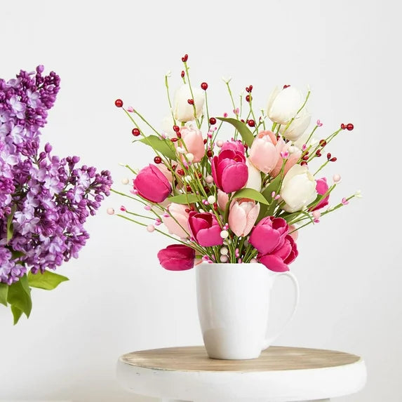 Farship Valentines Day Decorations 6 Pack Artificial Flowers 17inch Valentine’s Day Flower Decor with Tulip Berry for Valentine’s Day Wedding Party Center Pieces Decoration (Without Vase)