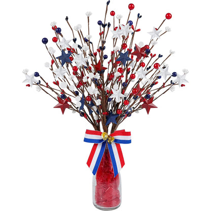 4 Pack Patriotic Artificial Flowers Artificial Berry Stem Picks White Blue Red Stars for 4th of July Independence Day Berry Branches Decoration for Home Office Restaurant Vase Decor