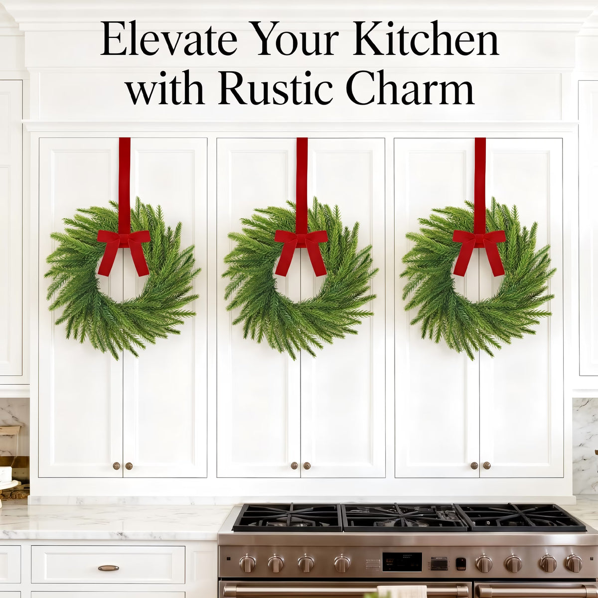 Set of 4 Cabinet Wreaths Norfolk Pine Christmas Wreath with Red Velvet Bow, Small Artificial Christmas Wreath for Kitchen Cabinet, Window, Door, Wall Holiday Decor-11 inches