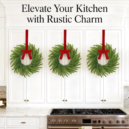 Set of 4 Cabinet Wreaths Norfolk Pine Christmas Wreath with Red Velvet Bow, Small Artificial Christmas Wreath for Kitchen Cabinet, Window, Door, Wall Holiday Decor-11 inches