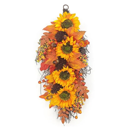 Myecovie Fall Wreath Door Wreath Fall Swag for Thanksgiving Seasonal Wreath for Front Door 22" Length Swag with Maple, Pine and Orange Sunflower