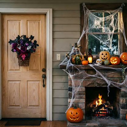 Myecovie Halloween Wreaths for Front Door 15 Inch Halloween Hanging Basket Decor with Roses & Pumpkins for Wall, Porch, Halloween Party & Gift