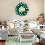 Farship Spring Wreath 18" Artificial Wildflower Wreaths for Front Door Indoor Outdoor Home Decor with Blue Green Leaves