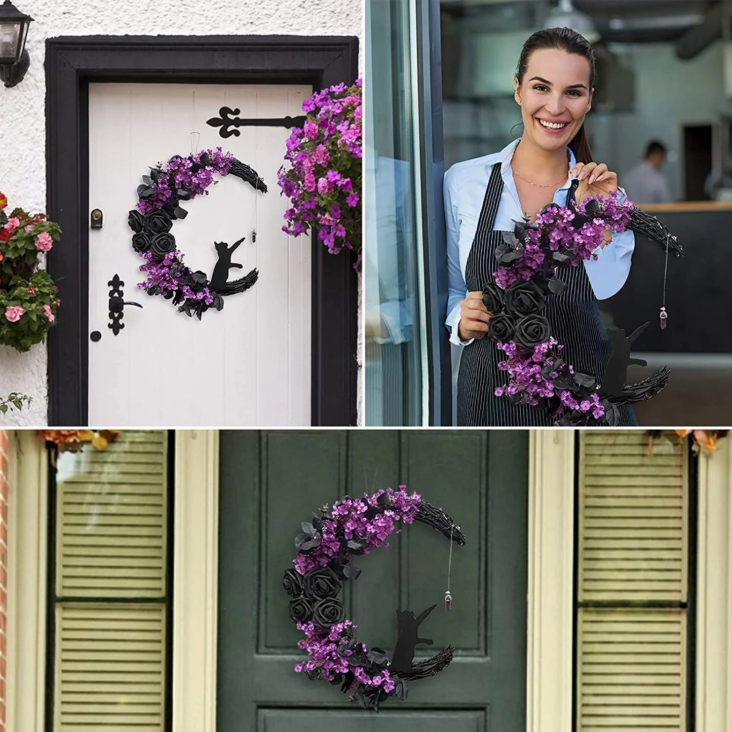 Farship 14" Halloween Moon Wreath with Mini Black Cat Grapevine Wreath