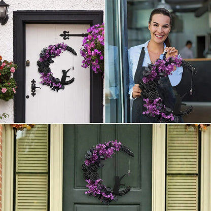 Farship 14" Halloween Moon Wreath with Mini Black Cat Grapevine Wreath