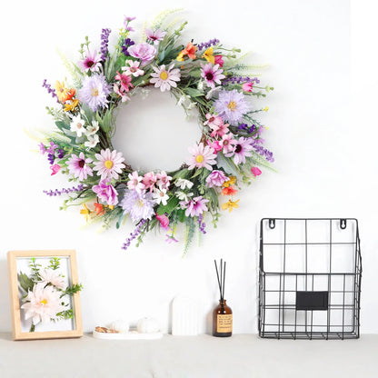 Farship 20 Inches Spring Wreaths for Front Door Wildflowers Wreath Artificial Silk Wreath With Daisy Lavender for Window Indoors Outdoor Decor