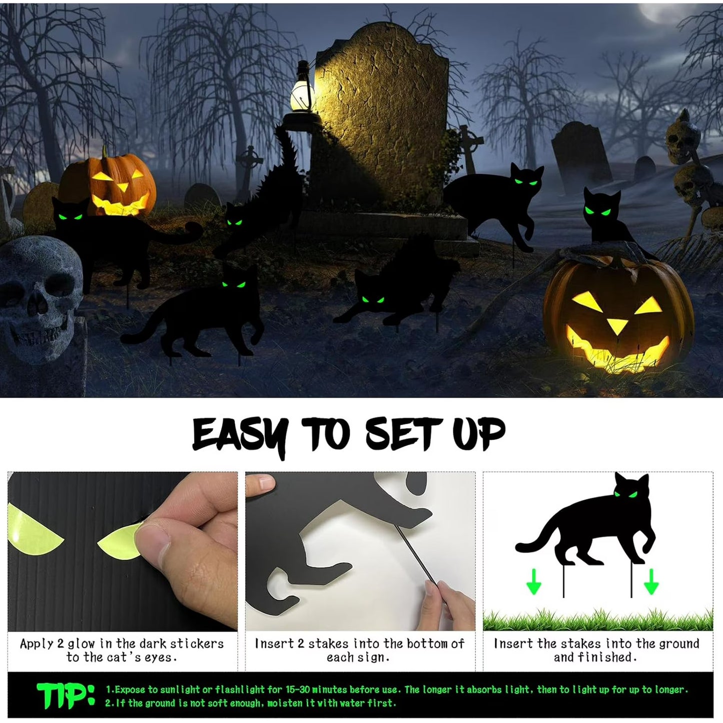 6 PCS Halloween Black Cat Yard Signs with Glow in Dark Eyes, Fall Lawn Sign with Stakes, Halloween Decorations for Outdoor Yard Lawn Garden