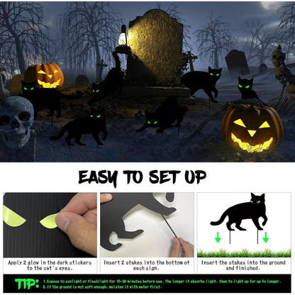 6 PCS Halloween Black Cat Yard Signs with Glow in Dark Eyes, Fall Lawn Sign with Stakes, Halloween Decorations for Outdoor Yard Lawn Garden