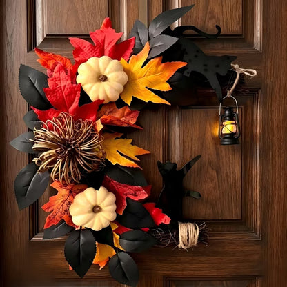 Myecovie Halloween Wreaths Fall Wreath 15 Inch Fall Halloween Half Wreath with Black Cats-Door Wreath with LED Lantern (Batteries Not Included) Autumn Harvest Wreath for Front Door, Wall, Thanksgiving & Hallo