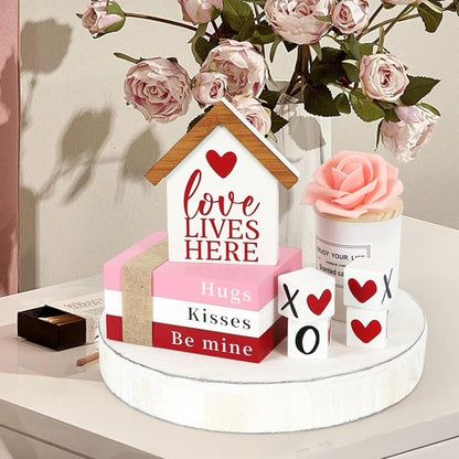 Farship Valentine Tabletop Decoration Valentine Decorations for Home Wood Centerpieces Book Stack with XOXO Blocks for Valentine Freestanding Indoor Party Decor