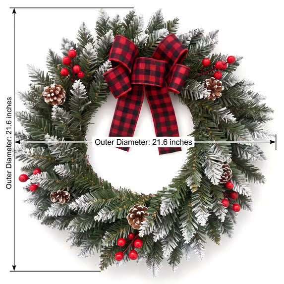 Myecovie Flocked Christmas Wreath 21.6 Inch Xmas Wreaths for Front Door with Red Black Buffalo Plaid Bow, Artificial Winter Wreath with Pine Cones & Red Berries for Wall, Window Decor