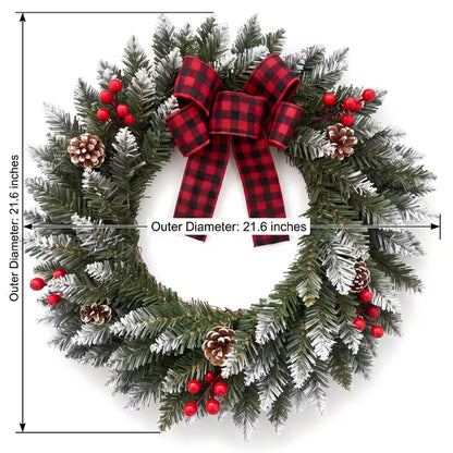 Myecovie Flocked Christmas Wreath 21.6 Inch Xmas Wreaths for Front Door with Red Black Buffalo Plaid Bow, Artificial Winter Wreath with Pine Cones & Red Berries for Wall, Window Decor