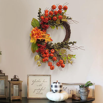 Farship 24" Length Fall Wreath for Front Door with Mini Pumpkins