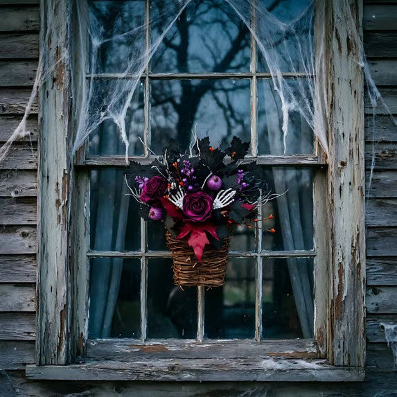 Myecovie Halloween Wreaths for Front Door 15 Inch Halloween Hanging Basket Decor with Roses & Pumpkins for Wall, Porch, Halloween Party & Gift
