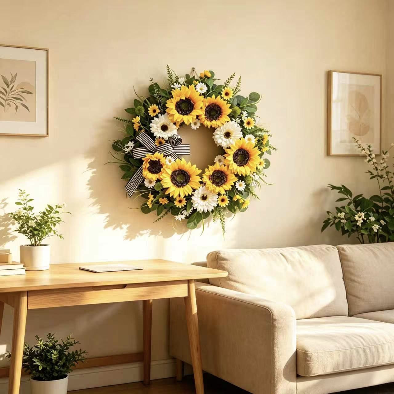 Summer Spring Wreaths for Front Door 20 inches Artificial Sunflower Wreath with Daisy Eucalyptus & Striped Bow for Porch Wall Window Decor