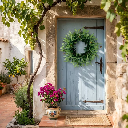 22 Inches Spring Summer Wreaths for Front Door-Artificial Olive Leaf Wreath with Berries Faux Greenery Wreath Farmhouse Rustic Wreath for Wall Window Decor