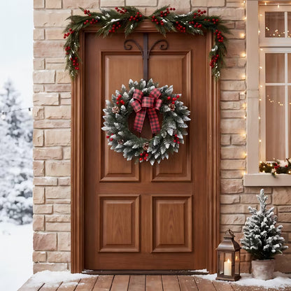 Myecovie Flocked Christmas Wreath 21.6 Inch Xmas Wreaths for Front Door with Red Black Buffalo Plaid Bow, Artificial Winter Wreath with Pine Cones & Red Berries for Wall, Window Decor
