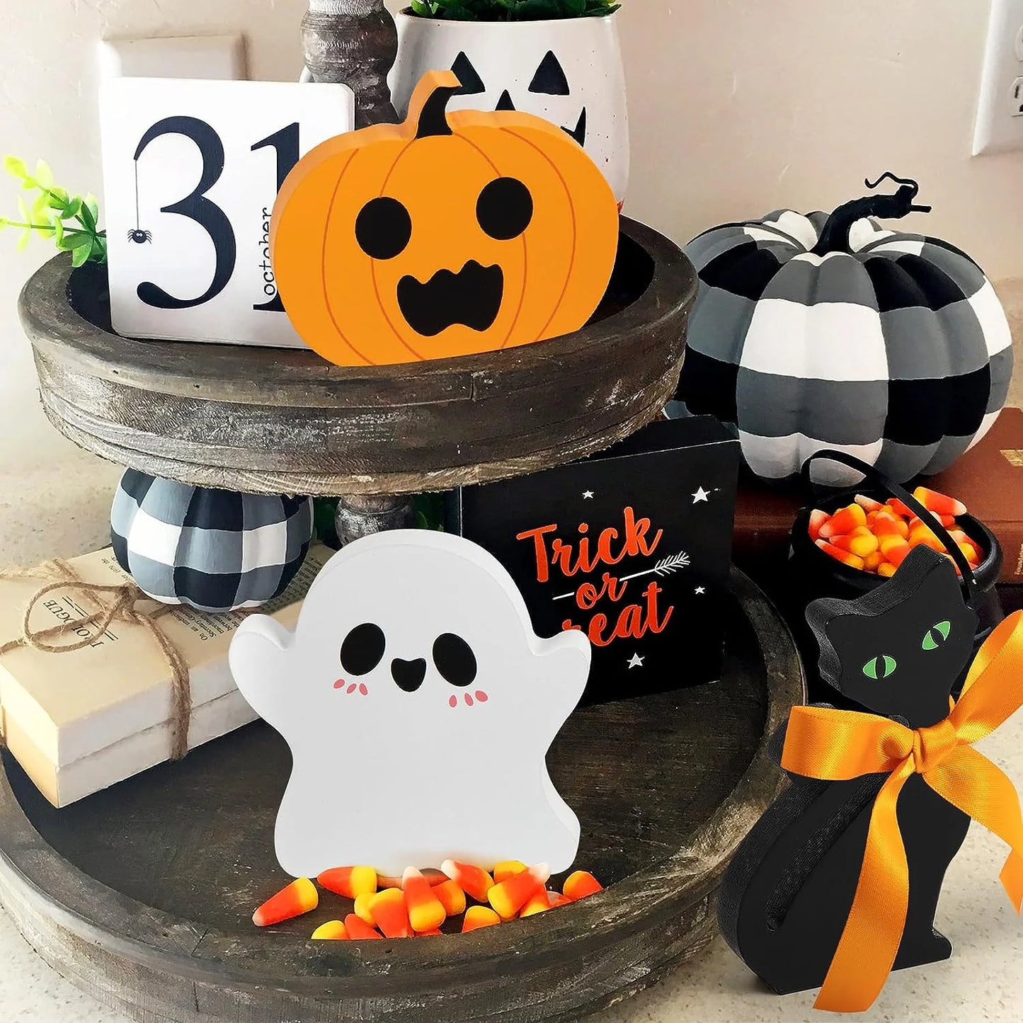 Farship Halloween Tiered Tray Decorations Cute Ghost Pumpkin Blocks Signs Set of 3