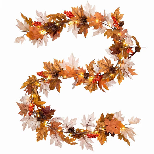 Myecovie 6ft Lighted Fall Garland Thanksgiving Decoration Fall Pre-Lit Garland for Front Door-Harvest Garland with Pinecones & Berries for Staircase, Fireplace Door, Home Decor (Batteries Not Included)