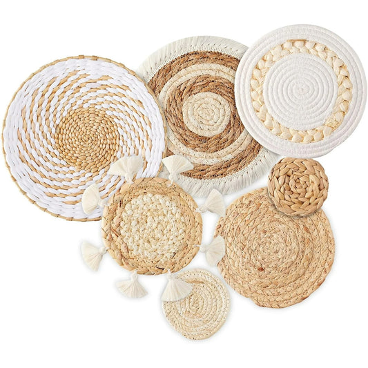 7 Pack Boho Wall Decor, Rattan Wicker Home Decor Boho Wall Art Set Handmade Hanging Rustic Flat Farmhouse Decor for Living Rooms Bedrooms Kitchen