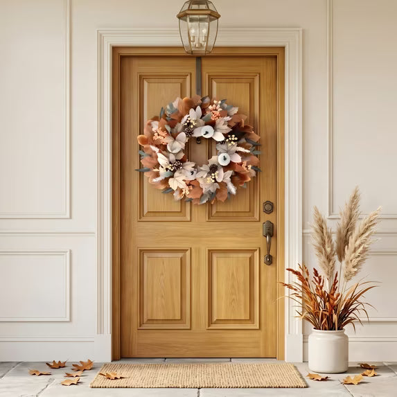 Myecovie 22 Inch Fall Wreath for Front Door Artificial Autumn Wreath with White Pumpkins, Pinecones & Berries, Farmhouse Thanksgiving Wreath for Indoor Outdoor Decor