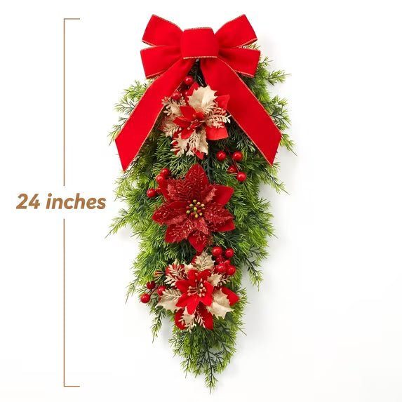 Christmas Wreath 24 inches Christmas Swag Wreath with Red Velvet Bow, Poinsettia Flowers & Red Berries, Artificial Green Pine Teardrop Swag Hanging Decor for Front Door, Wall Decoration