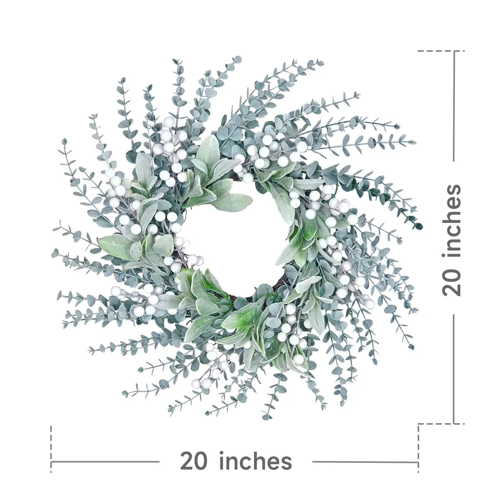 Winter Wreath Artificial Greenery 20 inches Door Wreath with White Berries Flocked Lambs Ear Wreath for Front Door Spring Wreaths Farmhouse Wall Home Decor