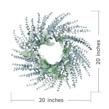 Winter Wreath Artificial Greenery 20 inches Door Wreath with White Berries Flocked Lambs Ear Wreath for Front Door Spring Wreaths Farmhouse Wall Home Decor