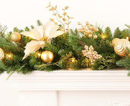 Farship 9ft Garland with Gold Berries,Flower and Balls for Holiday Decoration - Artificial