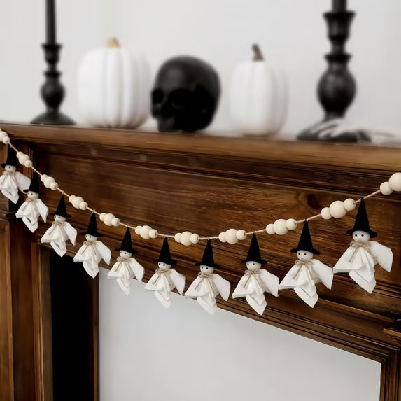 Myecovie 84 Inch Halloween Ghost Banner with Witch Hat, Rustic Wooden Bead Ghost Banner, Halloween Hanging Decor for Fireplace, Mantel, Wall, Party & Home