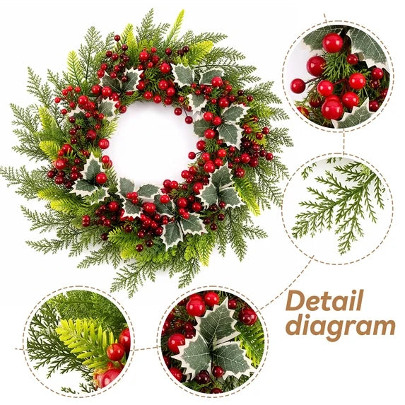 Christmas Wreath with Red Berries, 22" Winter Front Door Wreath with Frosted Holly Leaves, Farmhouse Hanging Wreath for Door, Wall, Christmas Decor