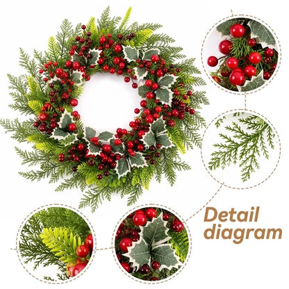 Christmas Wreath with Red Berries, 22" Winter Front Door Wreath with Frosted Holly Leaves, Farmhouse Hanging Wreath for Door, Wall, Christmas Decor