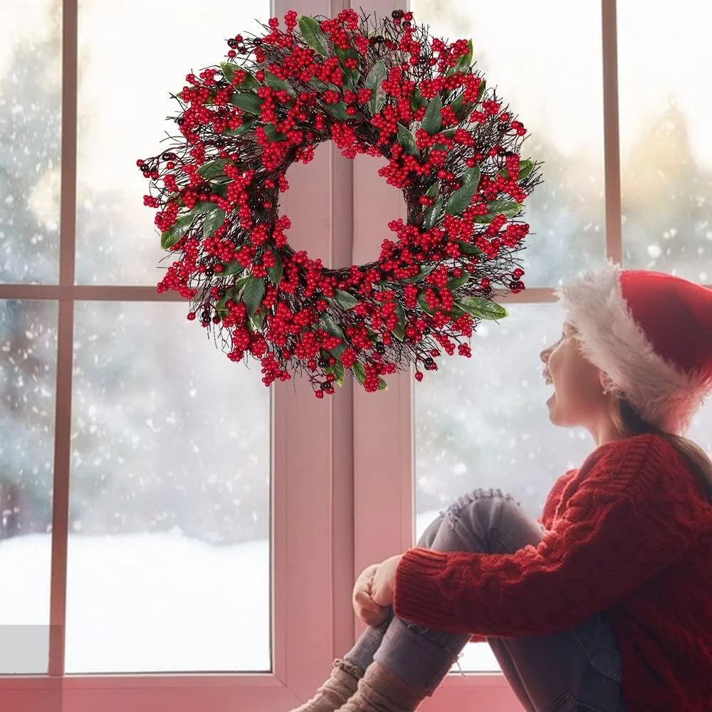 Farship 17.7'' Christmas Wreaths Red Berry Wreath, Xmas Wreath with Berries for Front Door, Holly Winterberry Wreath for Home Christmas Wall Fireplace Window Party Holiday Decor