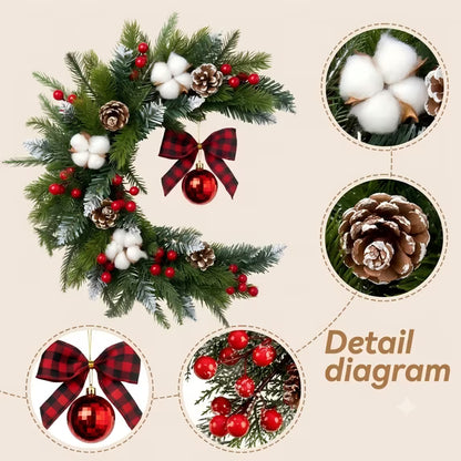 Myecovie 22" Christmas Wreath for Front Door Half Wreaths with Red Berries Flocked Pinecones, Cotton Bolls & Ornament Bow, Artificial Winter Floral Wall Decor for Christmas