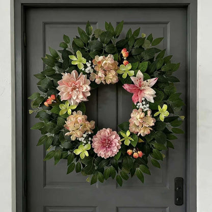 Spring Wreaths for Front Door Dahlia 22" Door Wreath with Lily and Mini Hydrangea, Green Artificial Wreath for Home Indoor Windows Hanging Decoration