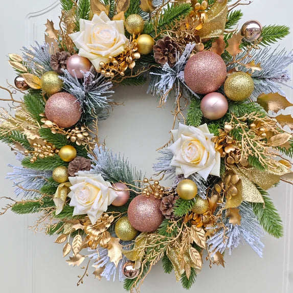 Farship 20'' Christmas Wreaths for Front Door Gold Door Wreath with Light and Ball Ornaments, Christmas Winter Hanging Home Decoration