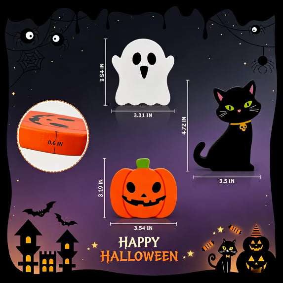 Myecovie Cute Wooden Pumpkin Decoration for Halloween -Set of 3 Halloween Tabletop Decor, Wooden Pumpkin Ghost Black Cat Figurines, Farmhouse Halloween Indoor Decoration for Home, Shelf