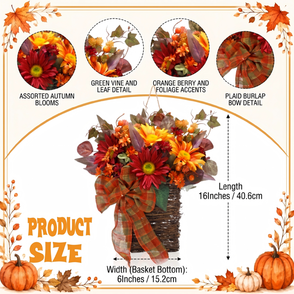 Myecovie Fall Hanging Basket Wreath with Sunflowers-16 inches Fall Wreath Basket Fall Decor for for Front Door, Thanksgiving Harvest Wall Decor