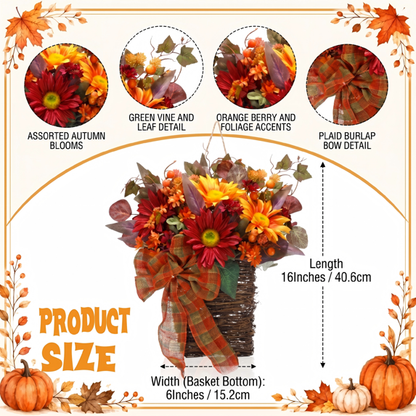 Myecovie Fall Hanging Basket Wreath with Sunflowers-16 inches Fall Wreath Basket Fall Decor for for Front Door, Thanksgiving Harvest Wall Decor
