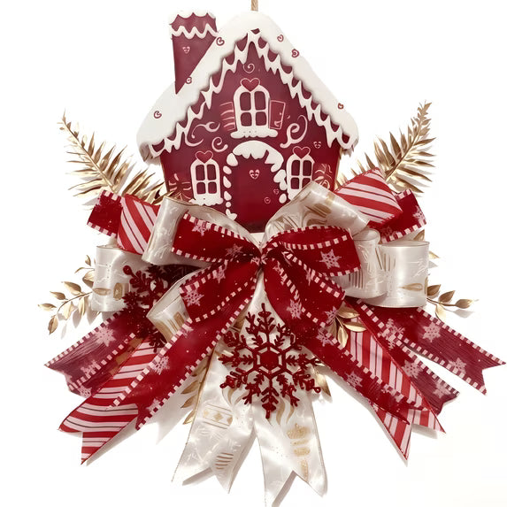 Christmas Door Sign Wall Hanging Decor Red White Farmhouse Plaque with Multi-Layer Bow & Snowflake, Gingerbread Wood Hanger for Home Indoor Decor for Christmas