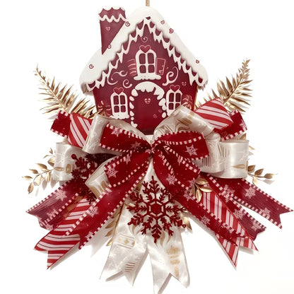 Christmas Door Sign Wall Hanging Decor Red White Farmhouse Plaque with Multi-Layer Bow & Snowflake, Gingerbread Wood Hanger for Home Indoor Decor for Christmas