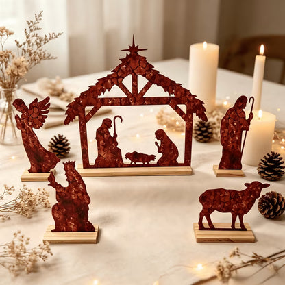 Christmas Nativity Scene Tabletop Set Christmas Decoration Indoor Set of 5 Tabletop Decor for Christmas, Metal Christmas Nativity Figurines with Wood Base for Home