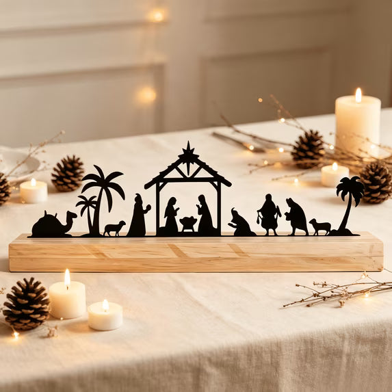 Christmas Christmas Tabletop Decor Nativity Scene Tabletop Decoration with Solid Wood Base, 12.6" Religious Farmhouse Christmas Table Centerpiece for Home & Church Holiday Decoration