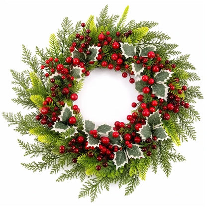 Christmas Wreath with Red Berries, 22" Winter Front Door Wreath with Frosted Holly Leaves, Farmhouse Hanging Wreath for Door, Wall, Christmas Decor