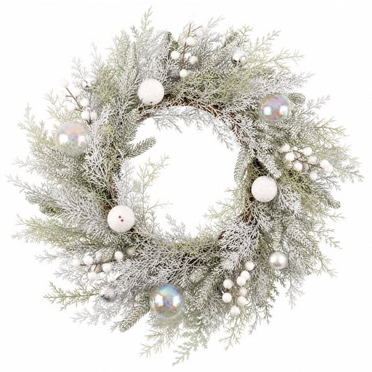 Myecovie Christmas Wreaths for Front Door 22 inches Wreath for Christmas Home Decoration-Farmhouse Door Hanging Decor Wreath with White Fluffy Balls & Iridescent Transparent Ornaments for Home